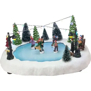 LED Weihnachts Dorf Szene Eisbahn - 32 x 24 cm - Beleuchtete Tisch Dekoration mit fahrenden Figuren