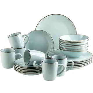 Modernes Geschirr Set für 6 Personen mit messingfarbenem Rand, 24-teiliges Kombiservice mit randlosen Coupe-Formen, Mint