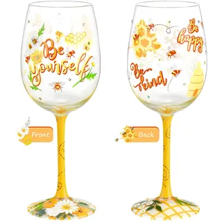 NymphFable Bunte Weingläser Biene Personalisiertes Handgemalt Weinglas Geschenk für Frauen mit Geschenkbox, 15oz (1 stück)