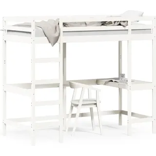 vidaXL Hochbett mit Schreibtisch Weiß 100x200 cm Massivholz Kiefer - Weiß
