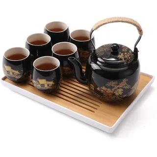 DUJUST Japanisches Teeservice, Schwarzes Porzellan Chinesisches Teeset mit Kanne und Tassen, Schönes Asiatische Teekanne Set für Teeliebhaber (Landschaft in Gold)