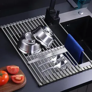 Serviettenhalter für Geschirr, falbar und abnehmbarer Edelstahl-Serviettenhalter über der Spüle, Serviettenhalter, Küchenregal, Serviettenständer, Spülbecken für Tassen, Obst, Gemüse, Geschirr, 43 x 35 cm