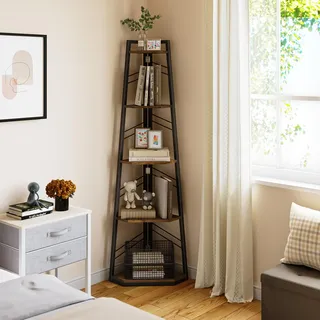 YITAHOME Eckregal, 5-stöckiges Leiterregal, Industrielles Bücherregal, Bodenstehendes Regal, Offenes Standregal aus Holz, für Wohnzimmer, Flur, Schlafzimmer, Home-Office, Vintagebraun Lagerregal