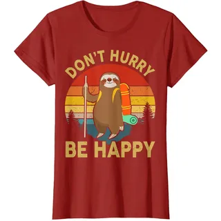 Faultier Wandershirt Dont Hurry Be Happy Männer Frauen Kinder Lustig T-Shirt, Damen, Cranberry, XL