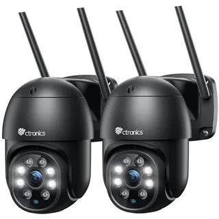 Ctronics 2.5K 4MP Überwachungskamera Aussen WLAN, 2560×1440P PTZ WiFi 2,4/5GHz IP Kamera Outdoor mit Automatische Verfolgung, Personenerkennung, Nachtsicht in Farbe, Zwei-Wege-Audio (2 St) (schwarz)