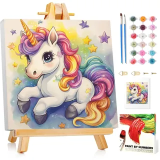 Malen Nach Zahlen mit Rahmen, Einhorn Malen nach zahlen, Malset mit Rahmen, Pinsel und Acrylfarben mit Glitzer 20x20cm