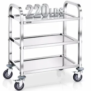 Vevor Laborwagen Gerätewagen Medizintechnik Servierwagen 201 Edelstahl Tragbar Abräumwagen 100 kg Tragfähigkeit, 740 x 396 x 860 mm Labor Rollwagen Medical Trolley Dreifach-Design Silber