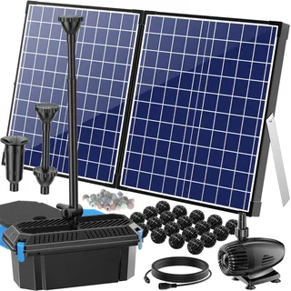 Biling 50W Solar Teichpumpe mit Filter, 2100 L/H Solar Springbrunnen Pumpe mit 3 Düsen und Durchflussregler 8m Kabel für Gartenteich Kleiner Fischteich Wasserspiel, Umweltfreundlich Energieeffizient