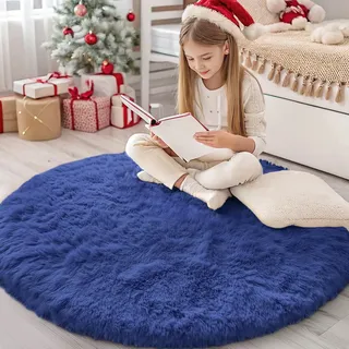 Homaxy Hochflor Waschbar Klein Teppich Wohnzimmer 120 cm Rund, Marine Blau