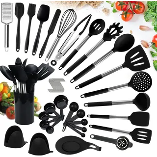 49-teiliges Küchengeräte-Set - Silikon Kochgeschirr Set mit Utensilienhalter - Küchengeräte Spatel Set mit Halter - Küchengeräte antihaftbeschichtet hitzebeständig - Küchengeräte Garnierspatel - Schwarz
