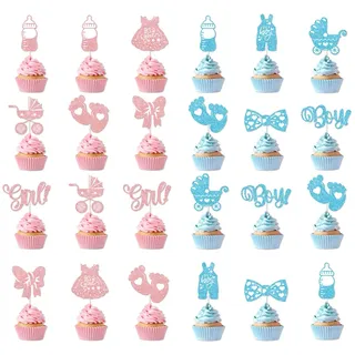 AFCJLTO 24 Stück Gender Reveal Tortendeko Babyparty,Baby Boy or Girl Deko Kuchen,Baby Shower Cupcake Topper,Tortenstecker für Taufe,Gender Reveal Party Deko,Tortendeko Babyparty(Blau, Rosa)