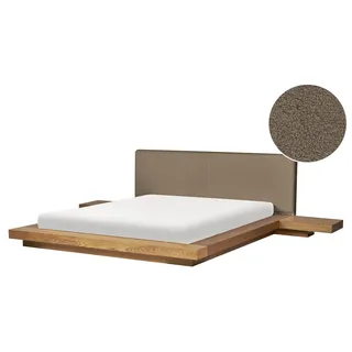 BELIANI Bett Taupe / Naturfarbene Esche Bouclé u. MDF mit Lattenrost 160x200 cm 2 Nachttische Hohes Kopfteil Japanischer Stil Plattform-Bett Futonbett - Braun, Beige