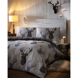 Homespace Direct Bettwäsche-Set Bettbezug & 2 Kissenbezüge Karomuster Hirsch Super-Kingsize grau
