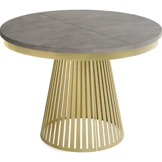 Esstisch Rund Ausziehbar mit Lamellen im Loft-Stil – 120 bis 200 cm – Industrieller Tisch mit Metallbeinen in Gold, Platzsparend für Wohnzimmer oder Esszimmer – Beton-Optik Dunkelgrau - Grau