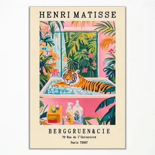 Vintage Henri Matisse Leinwandbild, Tiger in Badewanne, lustiges Badezimmerposter, süßer Tiger-Tierdruck, rosa-grünes Dopamin-Strand-Wanddekor, tropisches botanisches Blumenbild 30x40cm ungerahmt