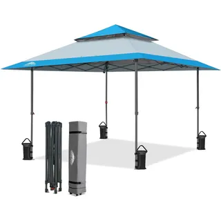 EAGLE PEAK Schräge Beine Faltbar Pavillon 4x4m Wasserdicht Camping Pop-up Faltpavillon mit Seitenteil, inkl. Rucksack, Blau/Hellblau