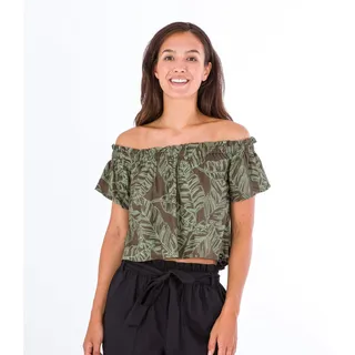 Hurley Damen Off Shoulder Top Shirt, Olive Night Frondy, M