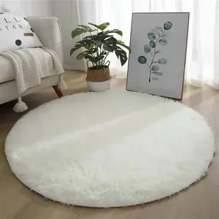 GIBZ Home Teppich Rund Wohnzimmer Schlafzimmer rutschfest Shaggy Modern Flauschig Langflor für Esszimmer, Büro, Badezimmer, Flure, Küche, 140 x 140 cm, Cremeweiß