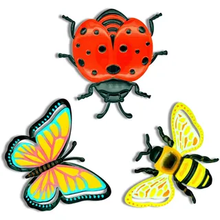 KASESSS 3 Stück Metall Insekten Wand Deko, Gartendeko Metall Wanddekoration, Balkon Deko, Garten Dekos Bienen Schmetterlinge Marienkäfer, Hängende Wanddeko Metalls für Zaun Hof Hinterhof Dekor, Bunte