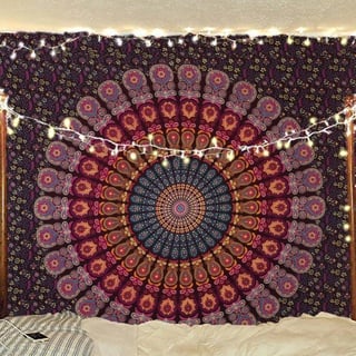 Bless International Indischer Wandbehang, psychedelisch, Hippie, Boho, Pfauen-Mandala-Look, Wandteppich, Betttuch, Queensize-Größe (215 x 230 cm), Gold, Rosa, Blau