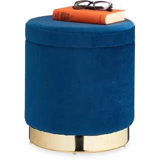 Relaxdays Samthocker mit Stauraum, rund, eleganter Polsterhocker, modern, Samt Sitzhocker, H x D 41,5 x 37 cm, blau/gold