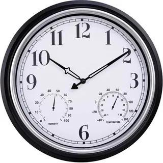 SensaHome Wanduhr – wasserdicht – Outdoor-Uhr – Durchmesser 40 cm – geräuschloses Uhrwerk – Hygrometer/Thermometer – Silber