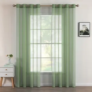 MIULEE 2er Set Voile Vorhang mit Ösen Transparente Gardine aus Voile Polyester Ösenschal Transparent Wohnzimmer Luftig Dekoschal für Schlafzimmer Grau Grün 260 x 140cm H x B, Grommet Top