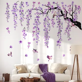 WandSticker4U®- [Extra groß] Wandtattoo Baum XXL KIRSCHBLÜTENBAUM in Lila (143x112 cm) I Aquarell Wandaufkleber hängende Blumen Blüten Vögel I Wandsticker Wohnzimmer Schlafzimmer Erwachsene Kinder