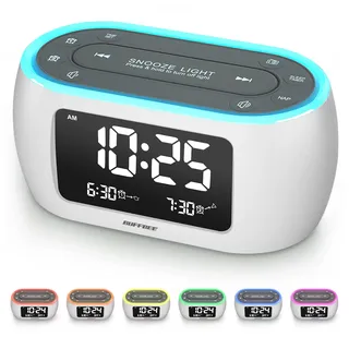 BUFFBEE Radiowecker mit 7-Farben-Nachtlicht, Doppelalarm, Schlummerfunktion, Dimmer, USB-Ladegerät, Nap-Timer, Digitaler Wecker mit FM-Radio und Auto-Off, netzbetrieben mit Batterie-Backup-Weiß