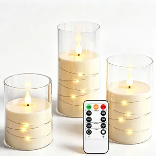 Da by 3 Stück Elfenbein LED Kerzen mit Feenlichtkette, Realistische Flackerflamme, Fernbedienung, Hitzebeständige Glas-Kerzen für Innen- & Außendekoration