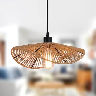 JIINOO Rattan Pendelleuchte Moderne Hängeleuchte Bambus Handgewebte 1-Licht-Hängelampe für Bauernhaus Schlafzimmer Wohnzimmer Esszimmer 41cm