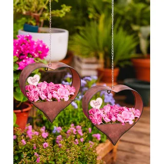 Yeomoo Metall Rost Herzform Blumentopf Hängend Gartendeko für Draußen 2Pcs | Pflanzkübel Deko für Garten Balkon Draussen, Geschenke für Frauen Mama Freundin, Pflanzentopf Deko Wohnzimmer Hängetopf