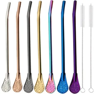 XUBX 7 Stück Strohhalmlöffel, wiederverwendbar, mit 2 Reinigungsbürsten, Strohhalmen aus Metall, Edelstahl, Rührlöffel, Trinkhalm, Filterlöffel, Cocktail, Milchshakes, Kaffee