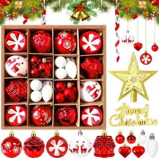 ZZXLOPEZ 42 Stück Weihnachtskugeln Set, Kunststoff Weihnachtsbaumschmuck, Rot und Weiß Mit Hängeschleife, Weihnachtsdekoration für Innen- und Außendekorationen