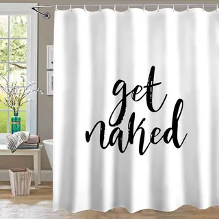 Inshere Get Naked Motive Duschvorhang für Badezimmer mit 12 Haken, Reines Weiß Einfacher Druck Duschvorhänge Set für Badezimmer Dekor 180x180cm Wasserdichtes Gewebe