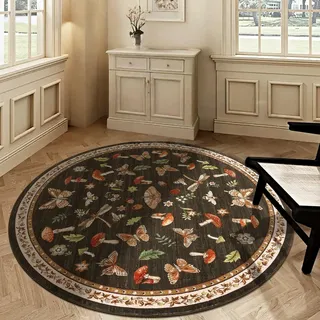 CAROMIO Runder Schmetterlings Teppich 120 cm Kurzflor Waschbar Dunkelbraun