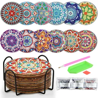 12 Stk Diamond Painting Untersetzer Set mit Halter&Tools,DIY Diamant Art Untersetzer,Diamond Malsets Glasuntersetzer,Mandala Untersetzer zum Basteln Erwachsene Kreativ Set,Diamant Malerei Untersetzer