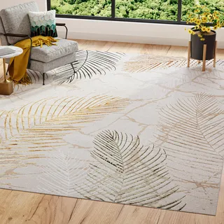TAPISO Golden Teppich Wohnzimmer Kurzflor Schlafzimmer Luxuriös Creme Gold Grün Blätter Meliert Verwischt Modern Design ÖKOTEX 160 x 230 cm
