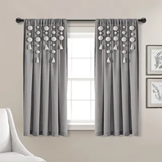 Lush Decor Boho Pom Pom Quaste Leinen Fenstervorhang (Einzelteil), 160 cm L x 132 cm B, Dunkelgrau