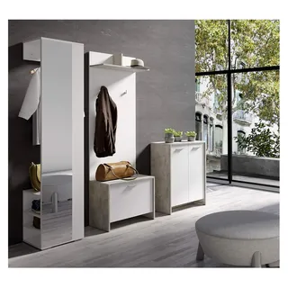 Flurgarderobe BEN / Garderobe in matt weiß mit Spiegel / Spiegelschrank für den Flur mit Kleiderstange und Ablage / B 40, H 184, T 35 cm - Weiß
