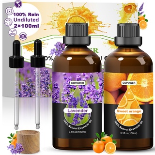 COPOWER Ätherische Öle, 2x100ml Ätherische Öle für Diffuser - Lavendelöl und Orangenöl,100% Reine Natürliche Unverdünnte Duftöl Lavendel oil GeschenkSet für Humidifier, Kerzen, Massage, Schlaf Fördern