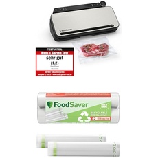FoodSaver Mehrzweck-Vakuumiersystem für Lebensmittel | mit Handheld-Vakuumiergerät, 1 Vakuumrolle, 4 Vakuumbeuteln & 4 Zip-Beuteln | Silber mit schwarzen Akzenten + Plastic, Recycelbare Beutel
