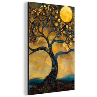 MuchoWow Metallbild Baum - Mond - Blumen - Gold - Kunst 80x120 cm , Orange , Metall , Rechteckig , 80x120 cm , einfache und schnelle Anbringung , Bilder & Rahmen, Bilder, Holz & Metallbilder