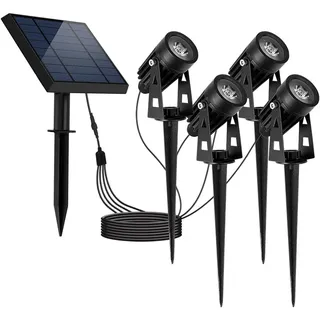 LUMISKY Vier Solar-Spots, verbunden mit Solarpanel, 4 in 1, zum Stecken oder Befestigen, leistungsstarke LED-Beleuchtung, kaltweiß, 4 x rund, 27 cm hoch