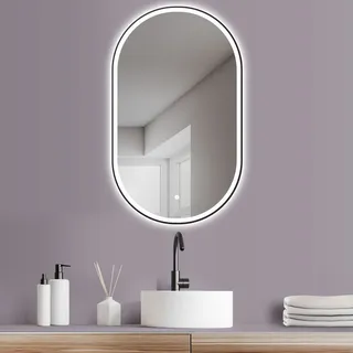 Hoko Badspiegel Design Wandspiegel Oval 45x75 cm mit Metallrahmen+LED Wechsel Warmweiß / Kaltweiß - Neutral 2700-6500K.Touch Schalter.Memory. Bre... - Schwarz