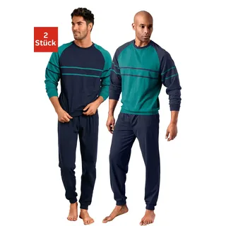 Pyjama LE JOGGER "Schlafanzug für Herren im Doppelpack", Herren, Gr. 44/46 (S), bunt (grün, marine), Jersey, Obermaterial: 100% Baumwolle, unifarben, Basic, lang, Rundhals, Raglanärmel angesetztes Bündchen, Homewear-Sets Pyjama, in langer Form mit aufgesetzten Streifen, Topseller