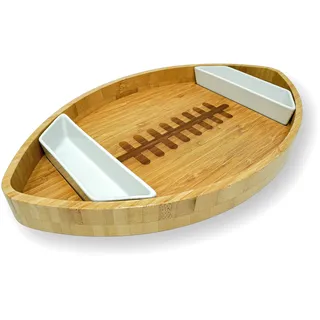 40YARDS American Football Bambus Teller mit 2X Keramik Dipschalen - XXL Holz Schale/Schüssel (40 x 24 cm) für Chips, Nachos & Snacks | Geschenk für Football Fans | Football Party Deko