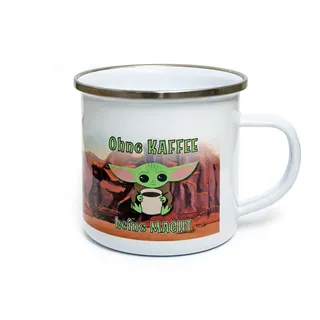 TypeStoff Emaille-Tasse mit Spruch - Baby-Yoda - im Vintage-Look mit Zitat als Geschenk und Dekoration zum Thema Kaffee, Tee und Macht - TS-01301