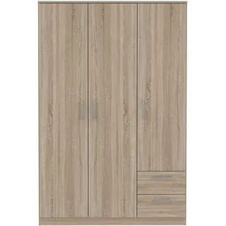 FORTE NIKO Schrank 120 130, Kleiderschrank, Drehtürenschrank Skandinavisch, 3-türig mit 2 Schubladen, Einlegeböden und Kleiderstange, Sonoma Eiche, 123 cm breit x 185 cm hoch x 53 cm tief