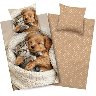 Aminata Kids Biber Bettwäsche-Set Welpe Katze 135x200-100% Baumwolle | weiche Kinder Wende-bettwäsche Hundebettwäsche mit Reißverschluss - Tier-Motiv - beige